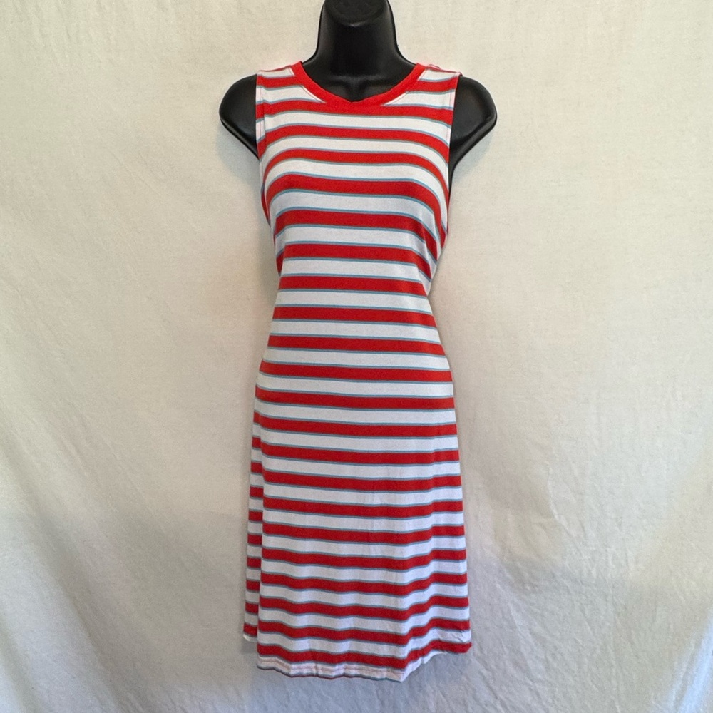 E-190 Time & Tru Red Teal & White Stripe Sleeveless Pullover MIDI Dress Size L